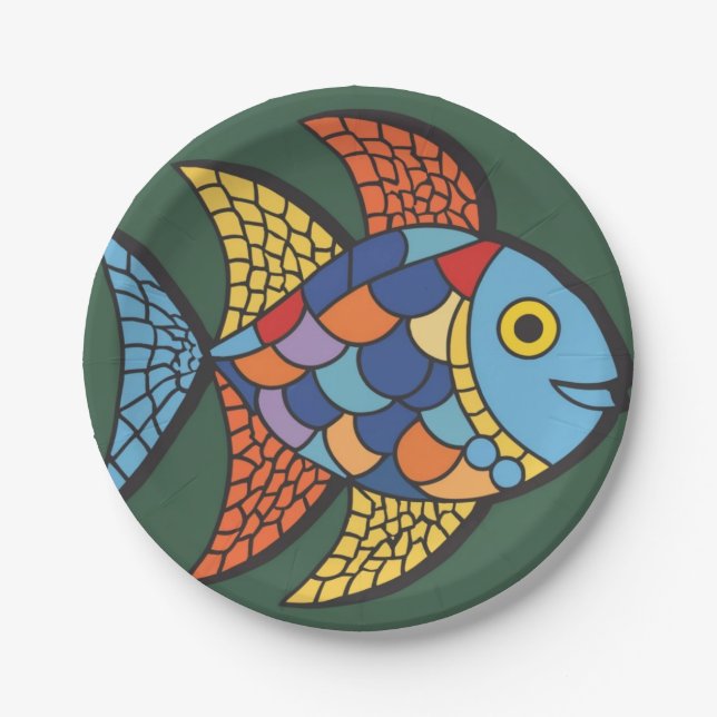 Mosaikfische, Helle Farben, Aquarium Pappteller (Vorderseite)