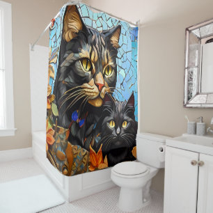 Mosaikkatze aus festem Glas - künstlerische Feline Duschvorhang