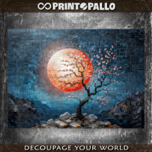 Mosaiklandschaft mit roter Sonne und Kirschbaum