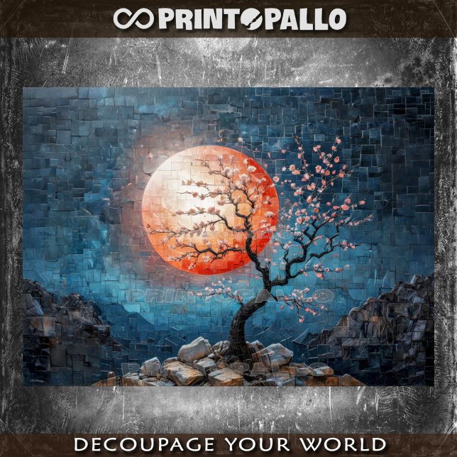 Mosaiklandschaft mit roter Sonne und Kirschbaum Seidenpapier (Von Creator hochgeladen)