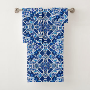 Mosaikmuster in Indigo und Kobaltblau Badhandtuch Set