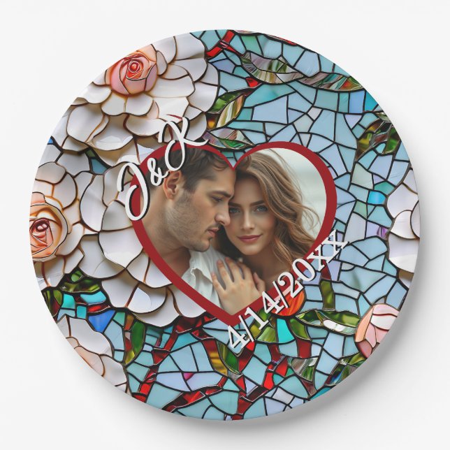 Mosaikverziertes Glas und Personalisierte Hochzeit Pappteller (Vorderseite)