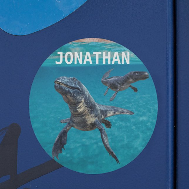Mosasaur Water Dinosaurier Monogrammname Runder Aufkleber (Von Creator hochgeladen)