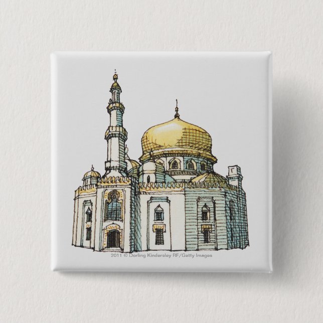 Moschee mit Goldzwiebelhaube und -minarett Button (Vorderseite)