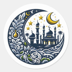 Moschee und Verzierter Mond Runder Aufkleber
