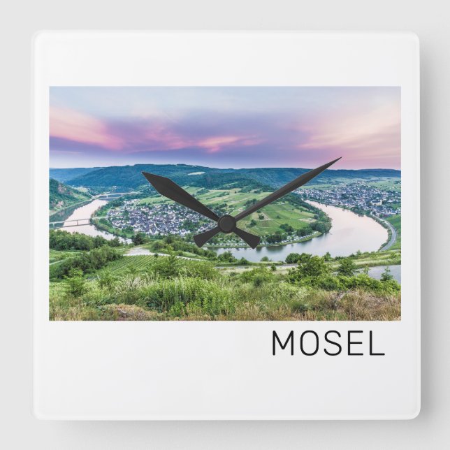 Moselle Loop Sunset Kroev Panorama Deutschland Quadratische Wanduhr (Vorderseite)