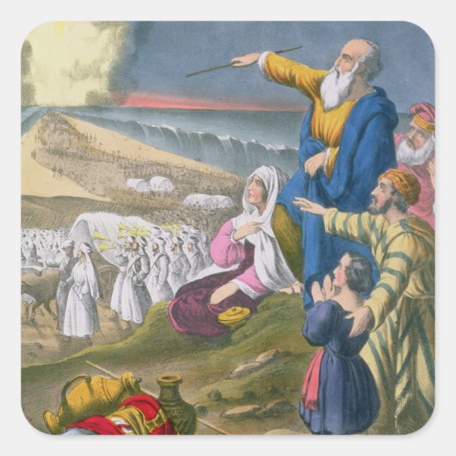 Moses Parting the Red Sea, aus einer Bibel, gedruc Quadratischer Aufkleber (Vorderseite)