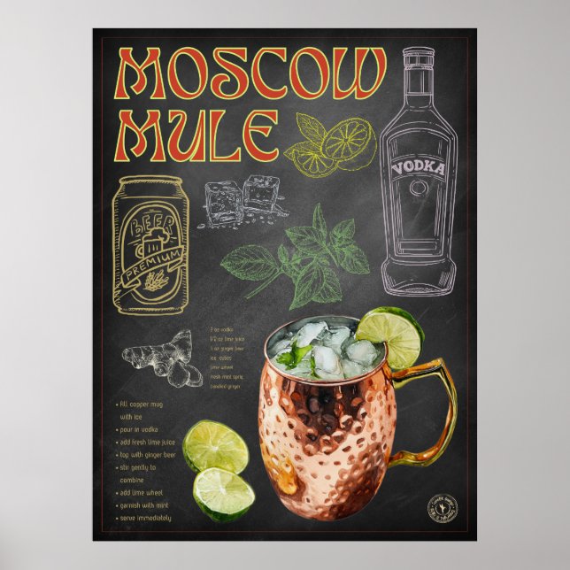 Moskau Rezeption Chalkboard Cocktail Bar Art Colle Poster (Vorne)