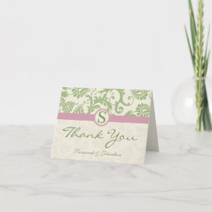 Moss Green and Pink Damask Thank You Dankeskarte