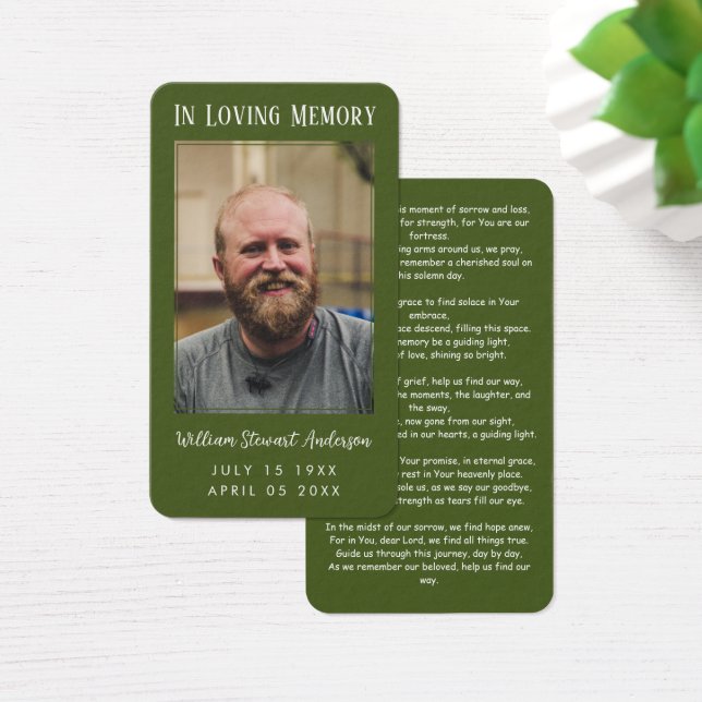 Moss Green Beerdigung Memorial Gebet Foto-Karte (Schreibtisch)