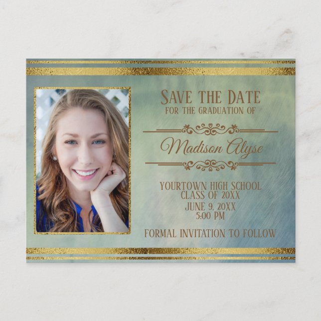 Moss Green, Blue Grunge und Gold Foto Abschluss Postkarte (Vorderseite)
