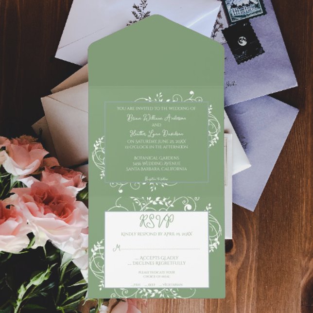 Moss Green Blühe Hochzeit in einer Einladung (Moss Green Flourish All in One Wedding Invite)