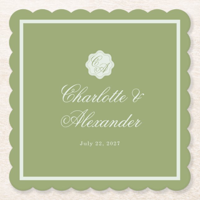 Moss Green Calligraphy Wedding Paper Coaster Untersetzer (Vorderseite)