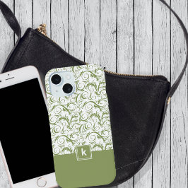 Moss Green Damask Muster Monogram iPhone 15 Hülle