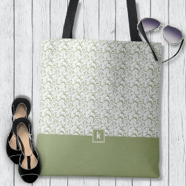 Moss Green Damask Muster Monogram Tote Bag