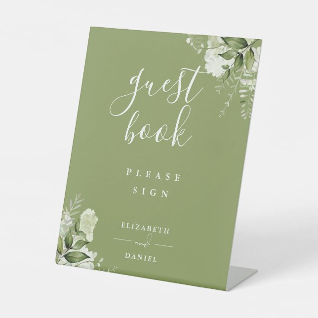 Moss Green Elegant Blumengrün Gästebuch Sockelschild (Vorderseite)