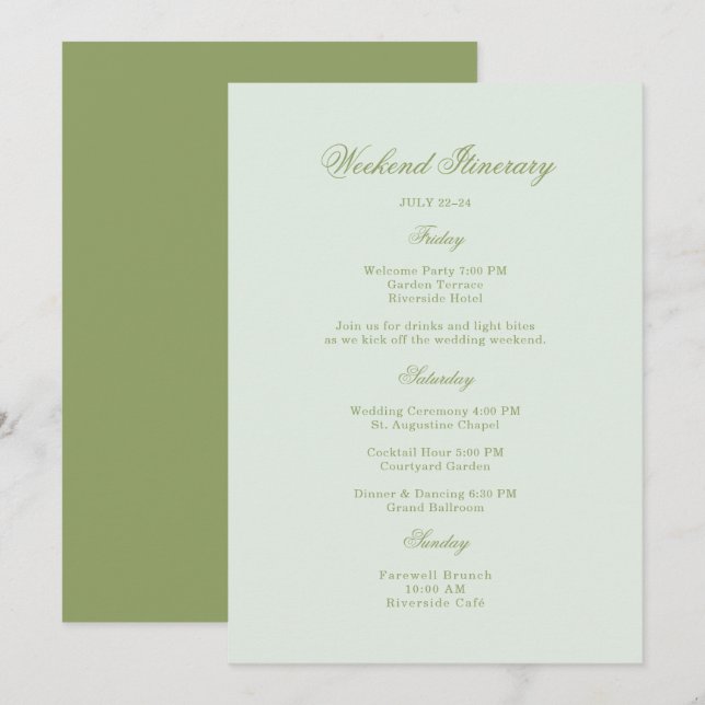 Moss Green Estate Wedding Itinerary Card Einladung (Vorne/Hinten)