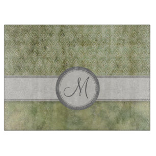 Moss Green Feather Pattern mit grauem Monogramm Schneidebrett