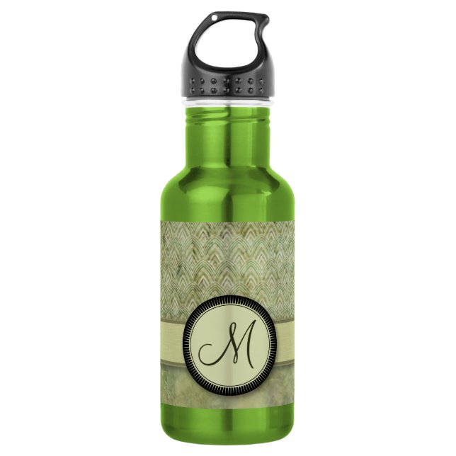 Moss Green Feather Pattern mit Monogramm Edelstahlflasche (Vorderseite)