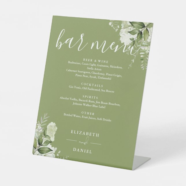 Moss Green Floral Greenerity Wedding Bar Menu Sockelschild (Vorderseite)