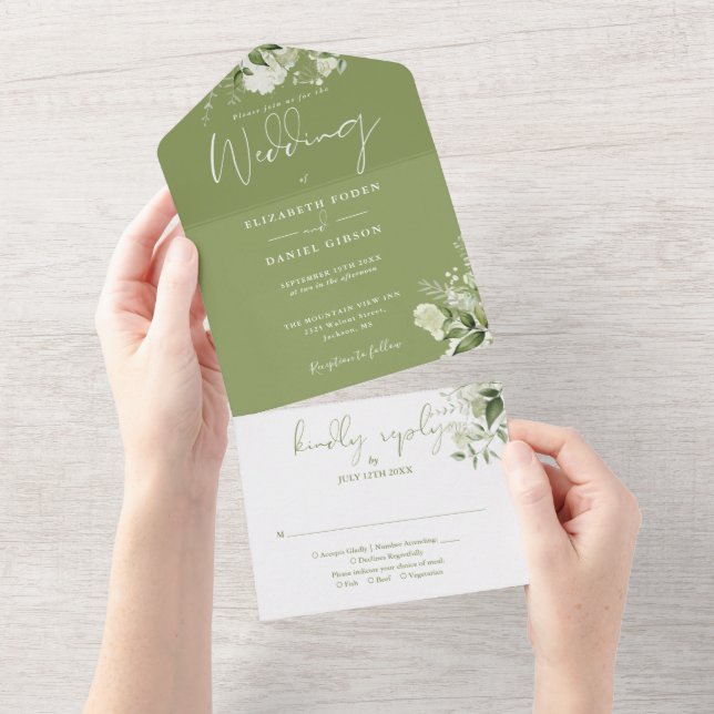 Moss Green Floral Greenery Monogram Wedding All In One Einladung (Abreißen)
