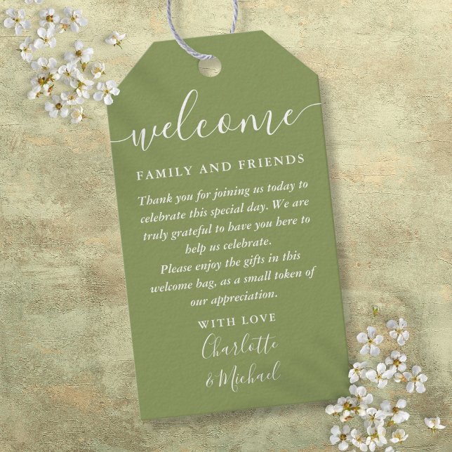 Moss Green Gastgeschenk Hochzeit Willkommenskorb Geschenkanhänger (Moss Green Wedding Favor Welcome Basket Bag Gift Tags)