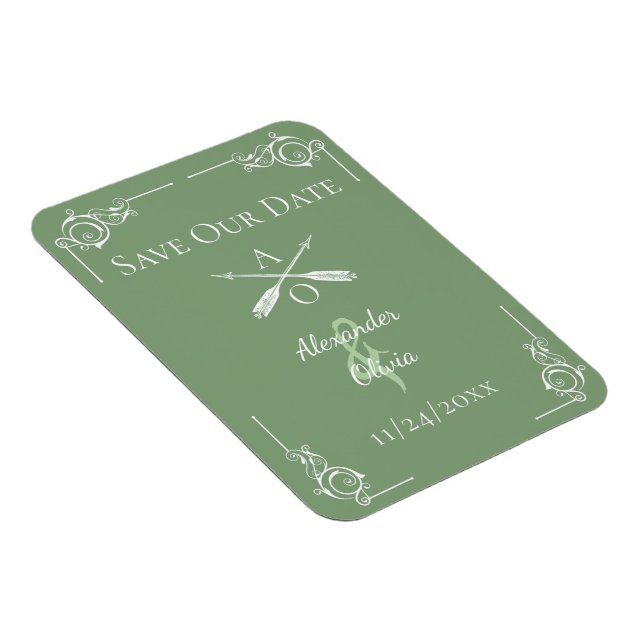 Moss Green Monogram und Arrows Save the Date Magnet (Rechte Seite)