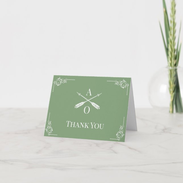 Moss Green Monogram und Arrows Wedding Vielen Dank Dankeskarte (Vorderseite)