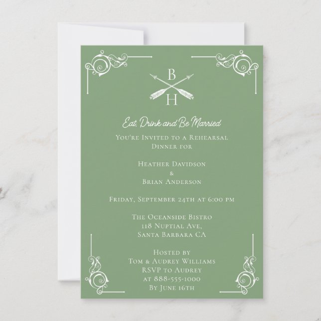 Moss Green Monogramme und Pfeile Probe Dinner Einladung (Vorderseite)