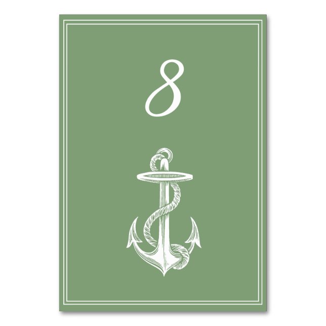 Moss Green Nautical Anchor Tischnummer Card (Vorderseite)