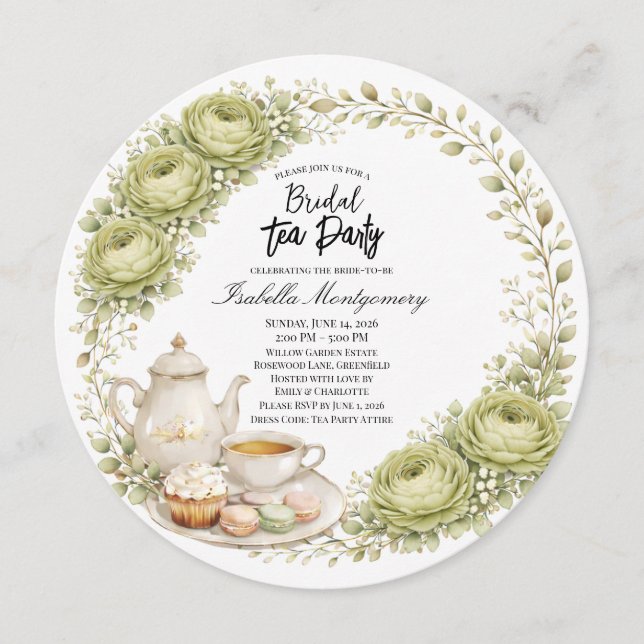 Moss Green Palette Tea Party Bridal Shower Einladung (Vorderseite)