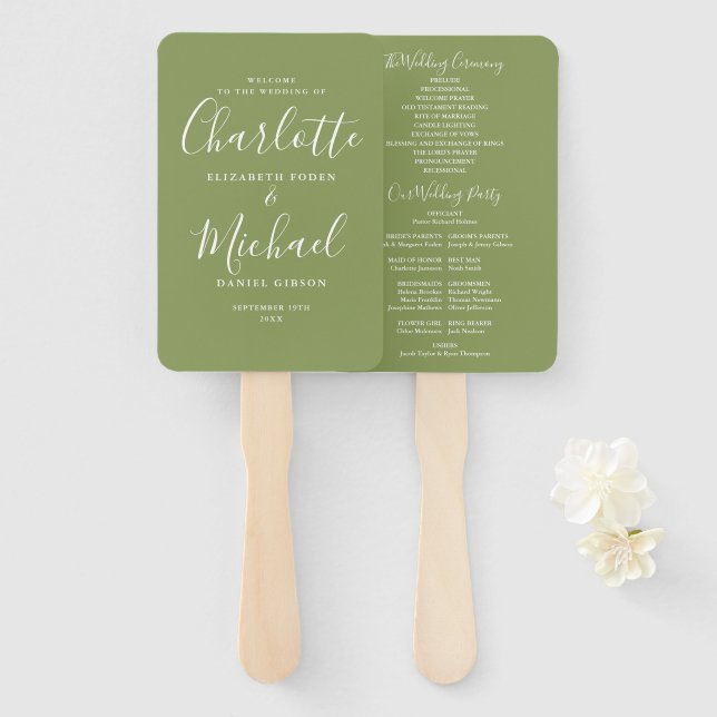 Moss Green Signature Script-Hochzeitsprogramm Fächer (Vorne und Hinten)