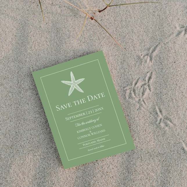 Moss Green Starfish Monogram Foto Save The Date (Moss Green Starfish Monogram Photo Save the Date)