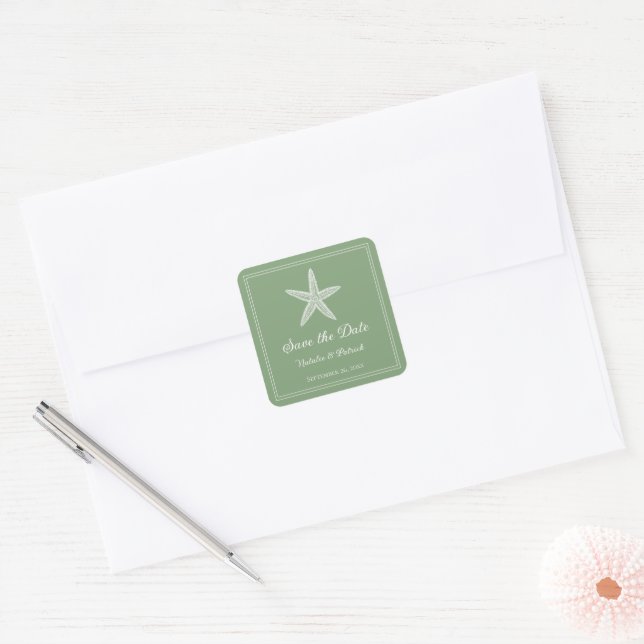 Moss Green Starfish Save the Date Quadratischer Aufkleber (Umschlag)