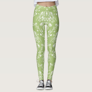 Moss Green und White Damask Leggings