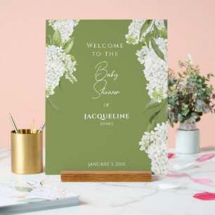 Moss Green White Floral Baby Dusche Willkommen Acrylschild