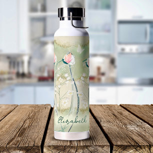 Moss Green & White Pastell Blume Personalisiert Trinkflasche