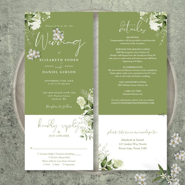 Moss grüne botanische Vegetation in einer Hochzeit Einladung (Moss Green Botanical Greenery All In One Wedding Invitation)