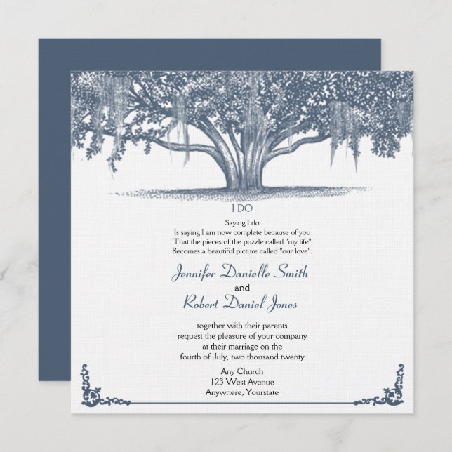 Mossy Oak Tree in Blue Wedding Einladung (Vorne/Hinten)