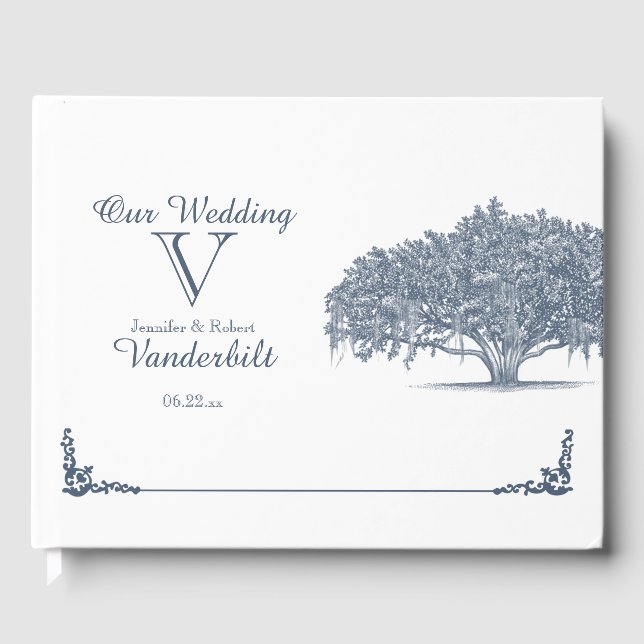 Mossy Oak Tree in Blue Wedding Guest Book Gästebuch (Vorderseite)