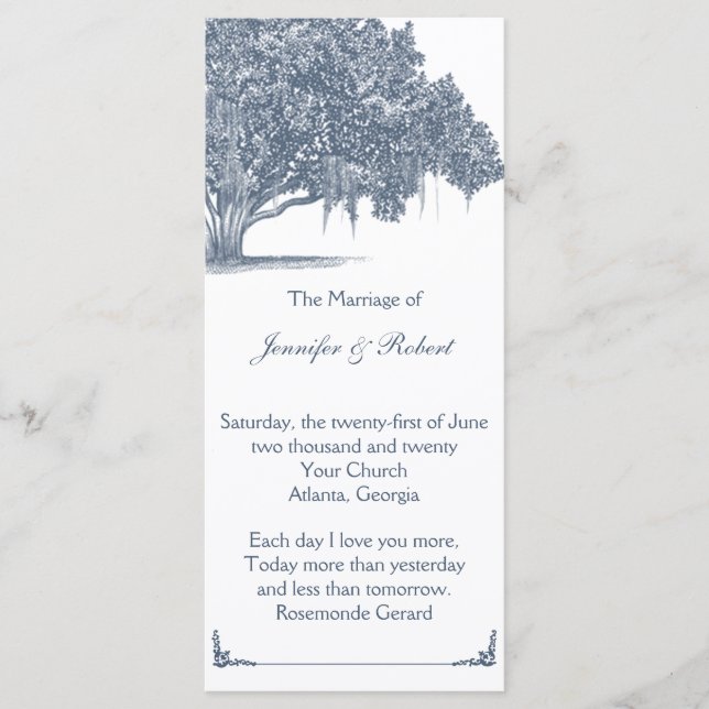 Mossy Oak Tree in Blue Wedding Program Programm (Vorderseite)