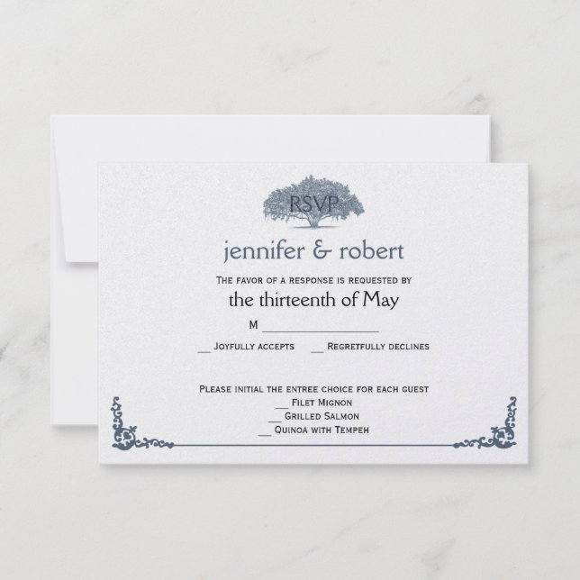 Mossy Oak Tree in Blue Wedding Response Card RSVP Karte (Vorderseite)