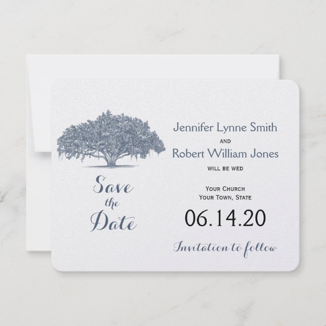 Mossy Oak Tree in Blue Wedding Save the Date (Vorderseite)