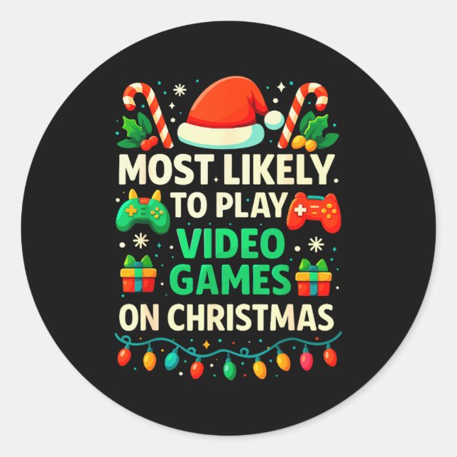Most Likely To Play Video Games Christmas Shirts,  Runder Aufkleber (Vorderseite)