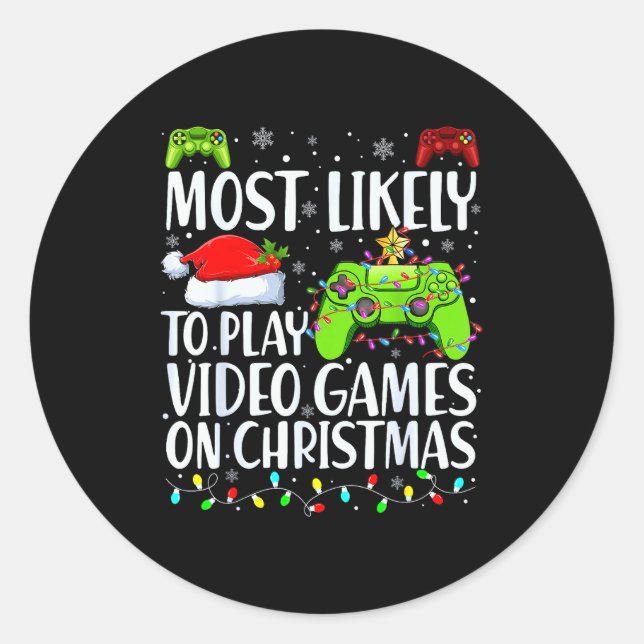 Most Likely To Play Video Games On Christmas Xmas  Runder Aufkleber (Vorderseite)