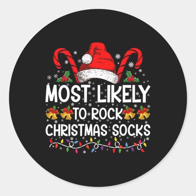 Most Likely To Rock Christmas Socks Funny Xmas  Runder Aufkleber (Vorderseite)