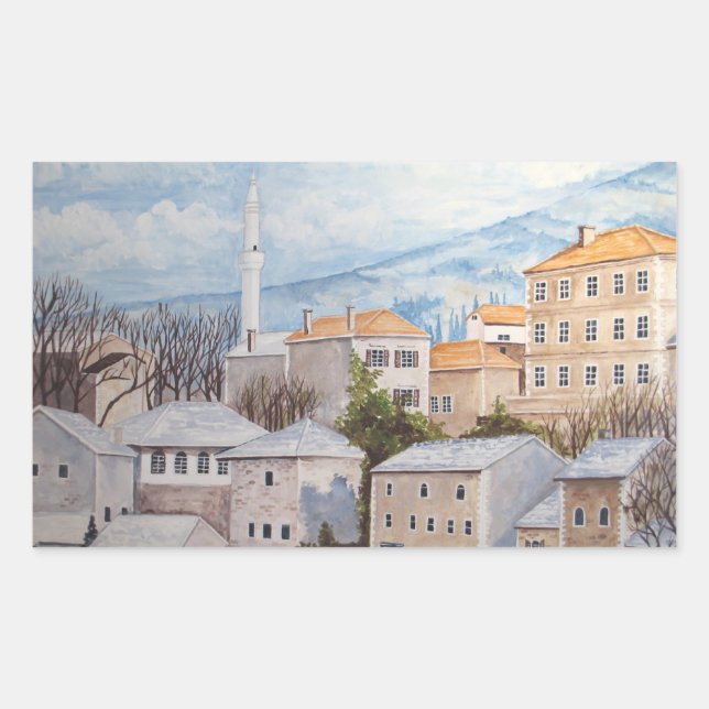 Mostar, Bosnien - Akrylenmalerei Rechteckiger Aufkleber (Vorderseite)