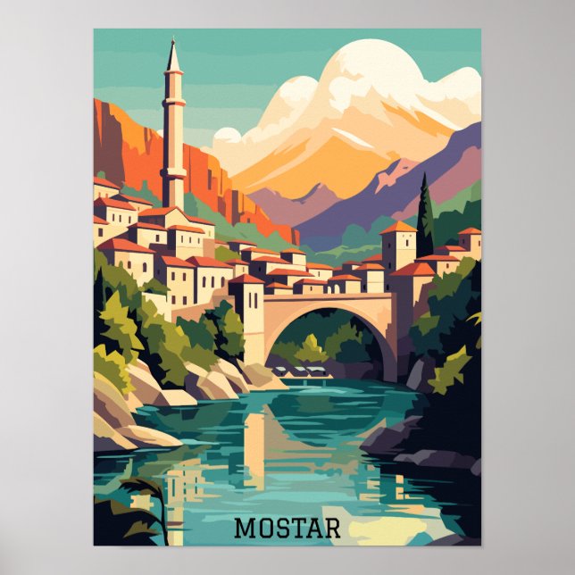 Mostar Bosnien Herzegovina Retro Vintage Travel Poster (Vorne)