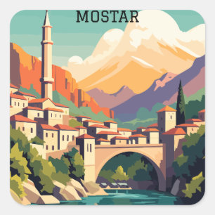 MOstar Bosnien Herzegovina Retro Vintage Travel Quadratischer Aufkleber
