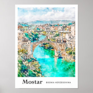 Mostar Bosnien Reisen Wasserfarbenhandzeichnung Poster
